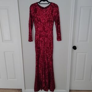 Betsy & Adam Burgandy Long Sleeve Gown